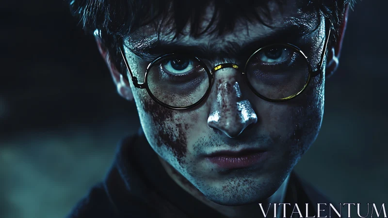 Battle-marked young wizard locks eyes in cold blue gloom