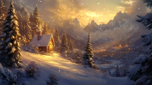 Snowy mountain cabin glows warmly above a peaceful winter valley