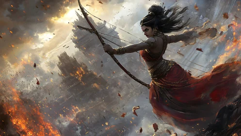 Warrior archer goddess amid burning fortress siege.