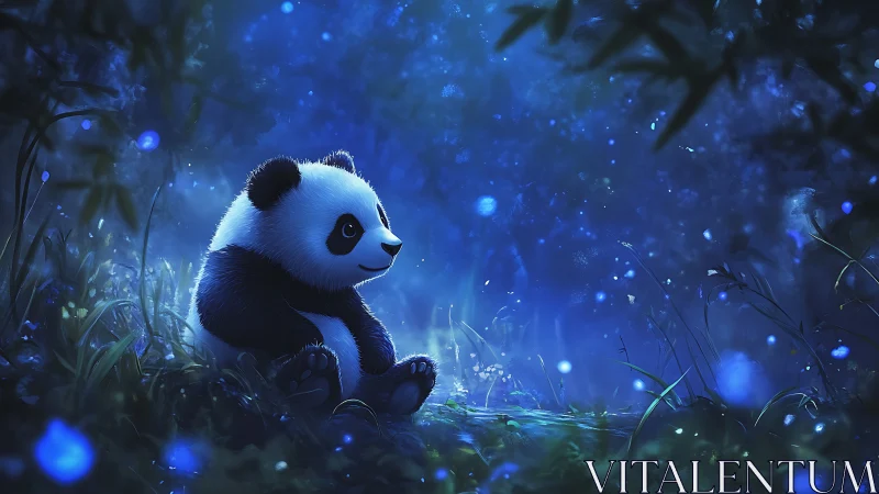 Baby panda rests in glowing blue forest night scene.