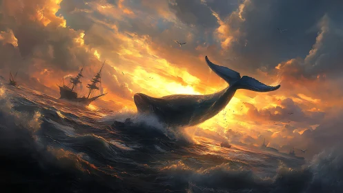 Sunlit whale leaps beside storm-tossed ships at sea