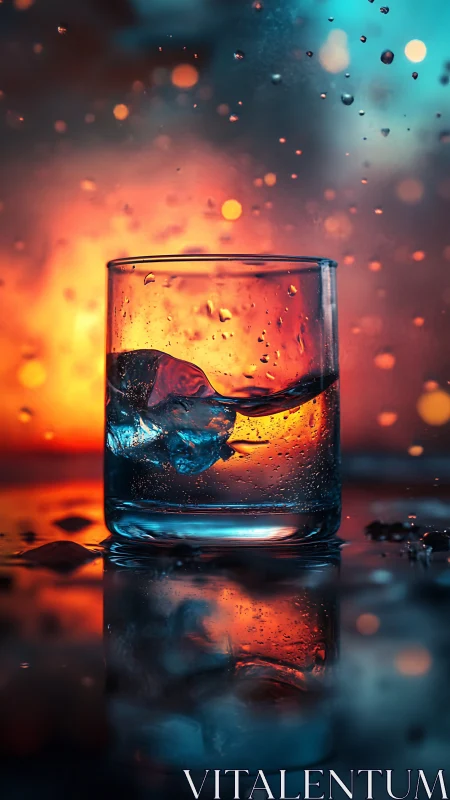 Ice cube waltz in neon dusk glass, caught mid-splash.