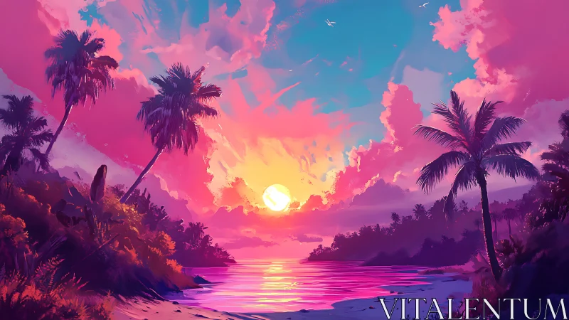 Vibrant tropical beach sunset with bold neon sky.