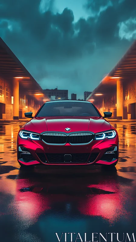 Crimson sports sedan under neon-lit stormy skyline reflection.