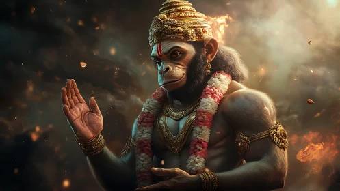 Radiant monkey deity in garlands amid swirling embers.