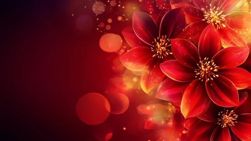 Luminescent Red Petals with Bokeh Particles. Digital Rendering.