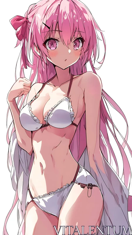 Pink haired anime girl standing in white bikini swimsuit