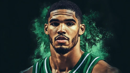 Emerald-lit basketball warrior framed in electric green haze.