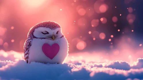 Bioluminescent snow owl cradling stylized heart emblem.