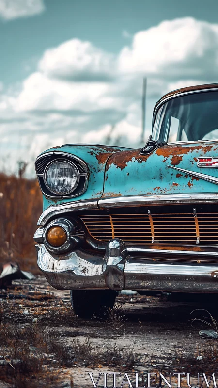 Rust-weathered turquoise classic car under open sky.