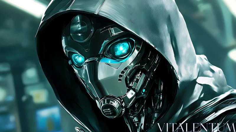 Hooded cybernetic watcher studies neon data streams in silence