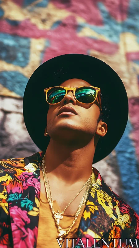 Street portrait with neon sunglasses and floral jacket.