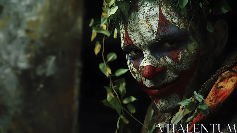 Clown makeup portrait framed by foliage in low light.