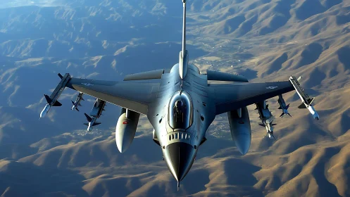 Steel falcon slices sunlight above folded desert mountains