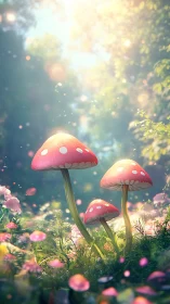 Digital painting of luminous forest mushrooms with bokeh light.