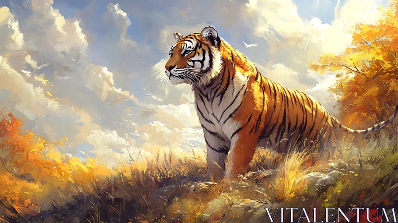 Majestic tiger surveys sunlit autumn hillside landscape.