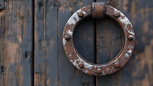 Weathered metal ring handle on distressed wooden door surface.