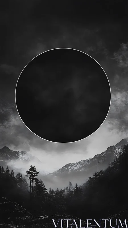 Monochrome mountain valley with central dark circular form.
