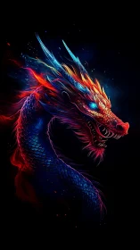 Luminous neon dragon coils through dark cosmic void.
