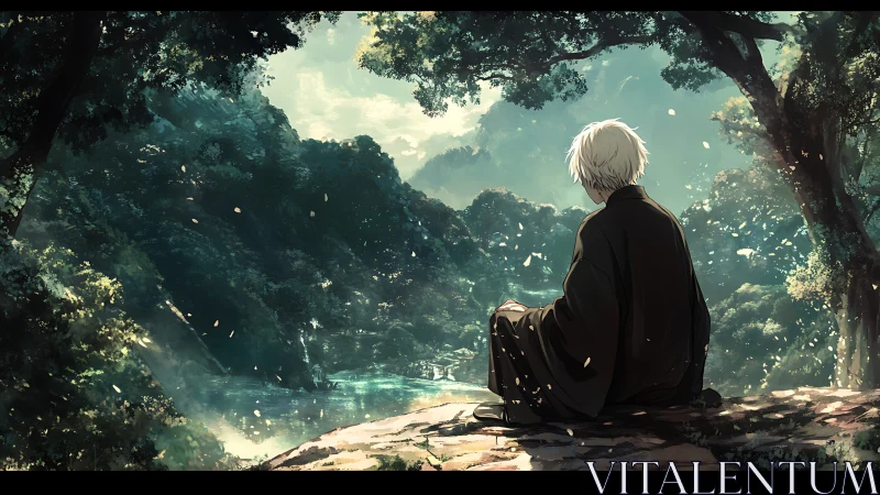 Solitary robed figure studies misty forest river valley