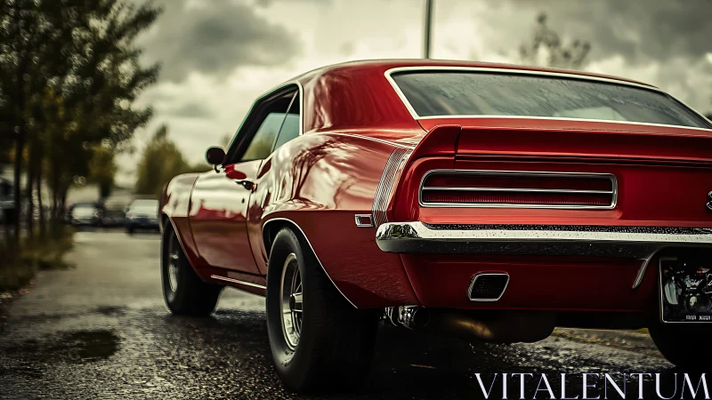 Red vintage muscle car on wet street after rainfall.
