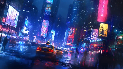 Neon-soaked taxis drift through a rain-drenched midnight maze