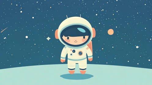 Curious little astronaut smiles softly under a starry sky