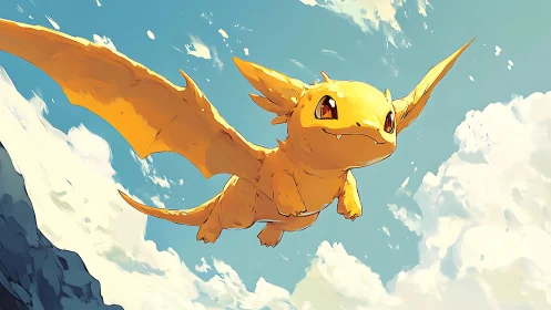 Small yellow cartoon dragon glides through bright sky