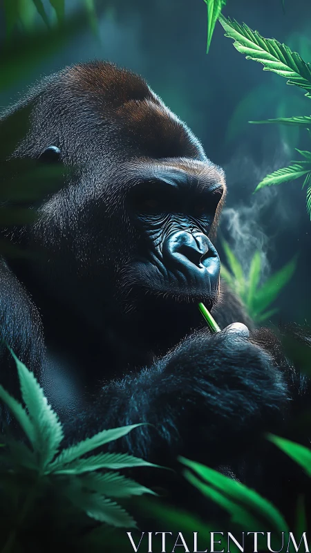 Brooding silverback gorilla in lush misty jungle portrait.