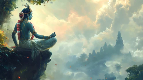 Blue deity meditates on cliff above mist temple valley