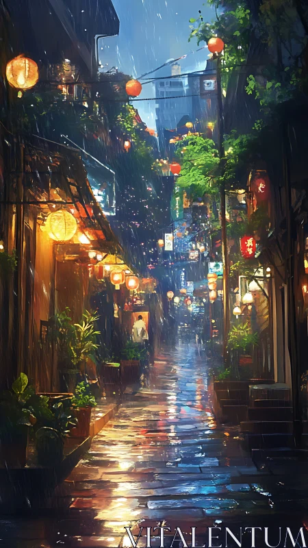 Lantern-lit rainstorm turns a narrow city alley into glass
