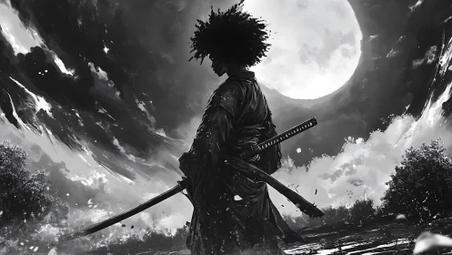 Monochrome samurai silhouette under a dramatic full moon.