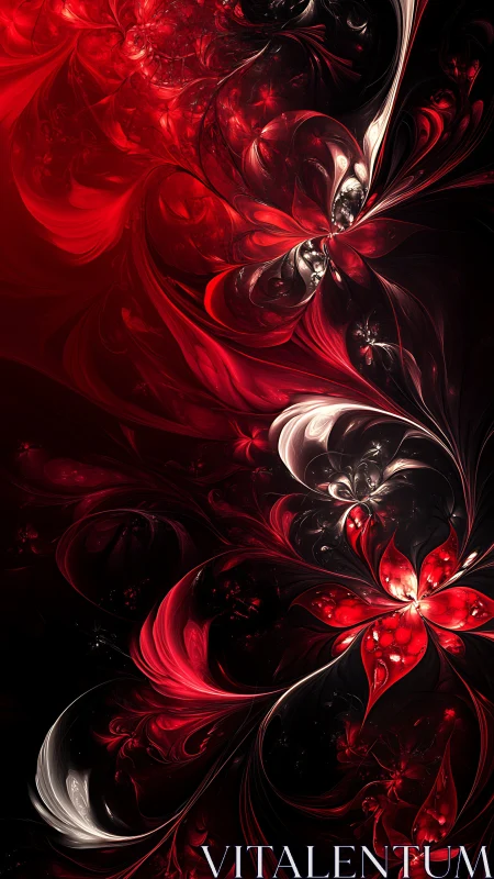 Crimson fractal flowers swirl through luminous dark void.