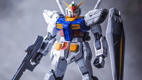 Detailed white mecha model with rifle, shield and blue torso.