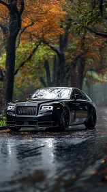 Black luxury sedan parked on wet forest road in autumn rain
