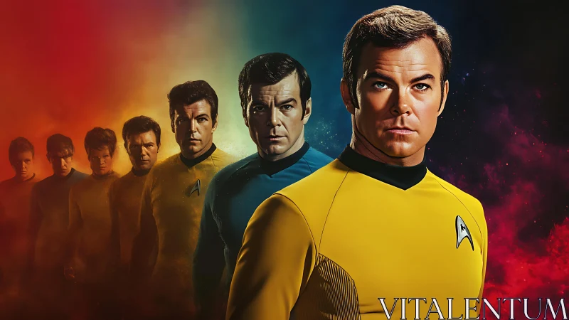 Starfleet officers lineup against multicolor space nebula.