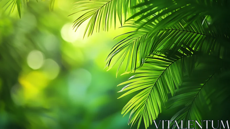 Sunlit tropical palm leaves with lush green bokeh glow.