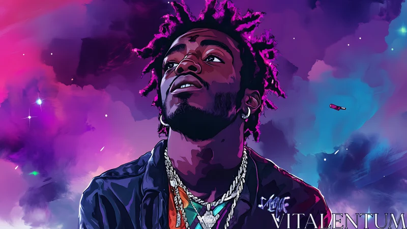 Neon portrait of confident man in cosmic gradient clouds.