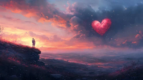 Solitary Figure Gazes at Glowing Heart in Luminous Sunset Landscape