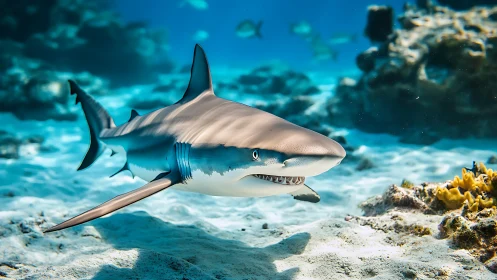 Reef shark swimming over sandy seabed in clear blue water.