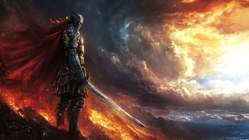 Lone armored knight confronts a burning horizon of stormfire