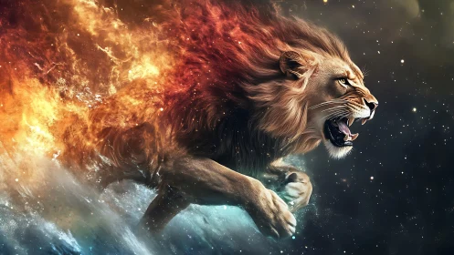 Lion figure emerging through fire and water in space.