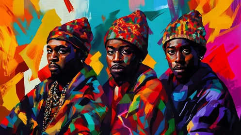 Triadic portrait in saturated polygonal brushwork and neon palette