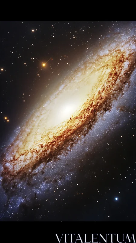 Spiral galaxy close view with bright core and starfield.