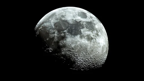 Detailed lunar surface in sharp high-contrast close-up view.