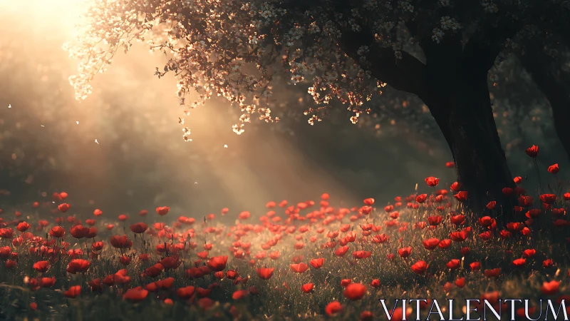 Sunlit poppy field extends beneath flowering trees at dawn