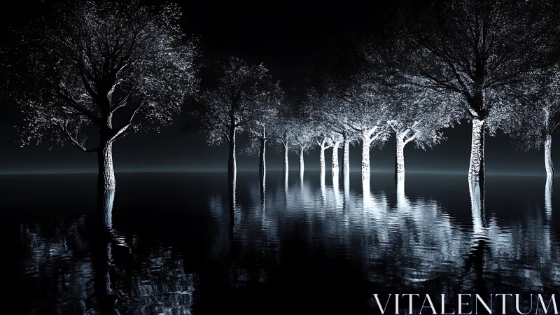 Row of illuminated trees reflected on still dark water.