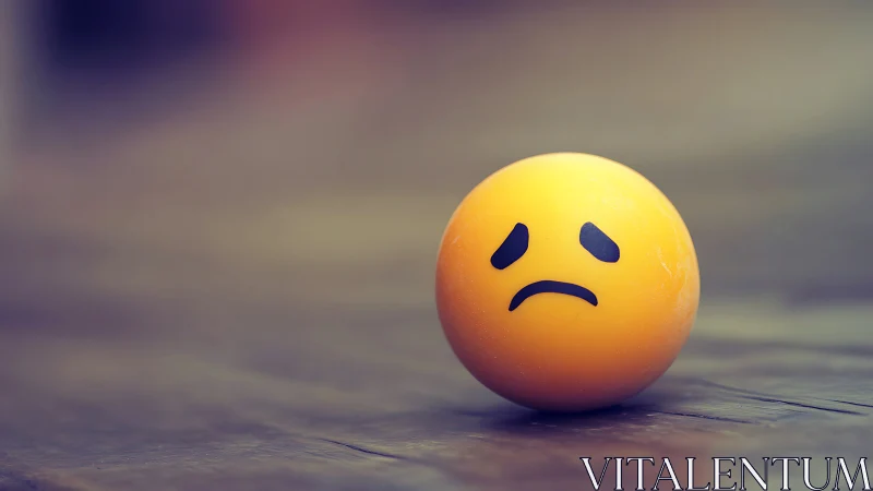 Melancholic yellow sphere on blurred wooden plane surface.