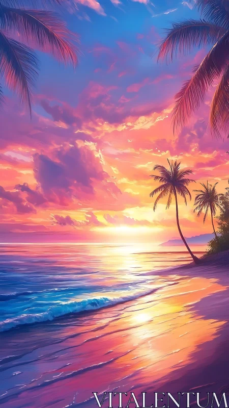Chromatic tropical shoreline under high-saturation sunset sky.