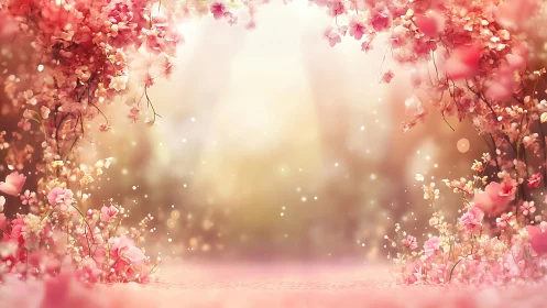 Luminous Floral Canopy: Pink Blossom Passage with Golden Bokeh.